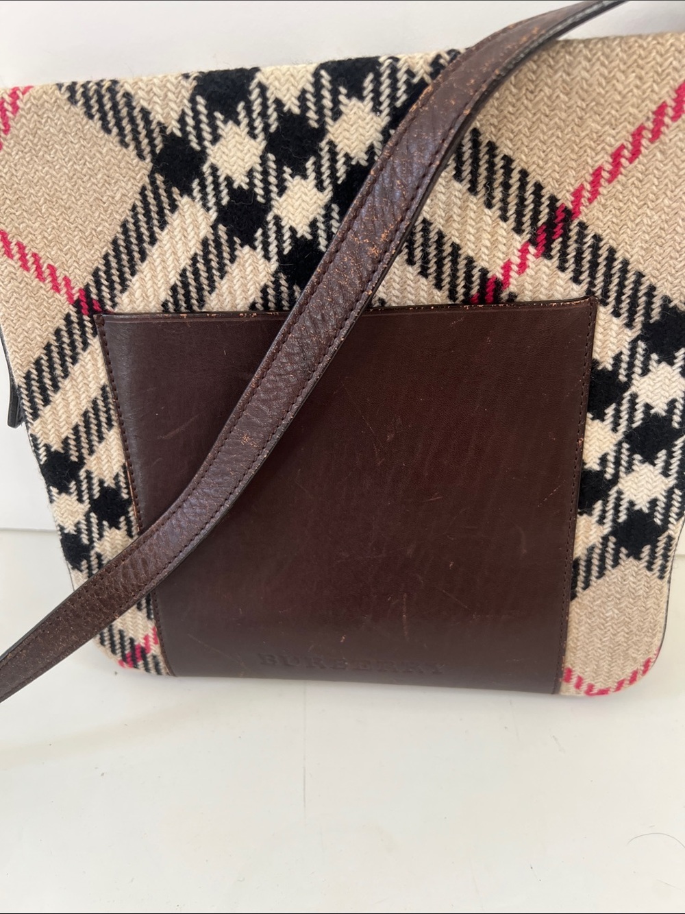 Burberry Nova Check Tweed Crossbody with Black and Red Accents - Picture 8 of 9